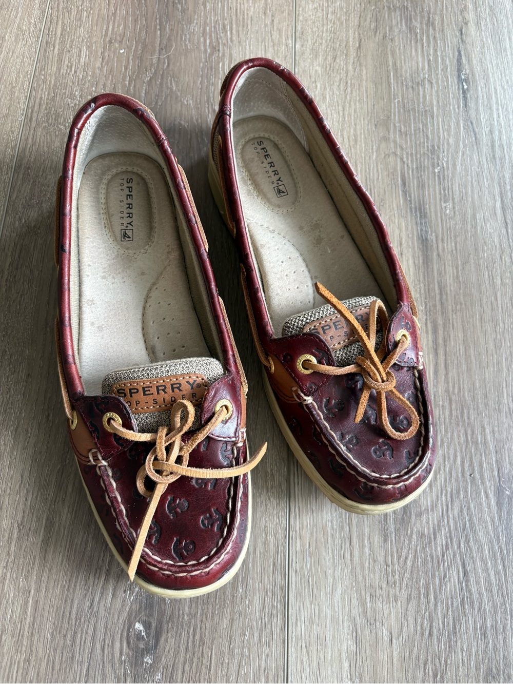 Sperry Women's Burgundy Leather Boat Shoes with Tan Laces
